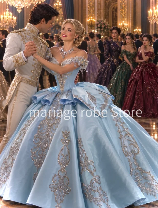 Sky Blue Princess Victorian Quinceanera Dresses Luxury Crystal Off Shoulder Corset Fairy Belle Rococo Sweet 15 Prom Gala Gown