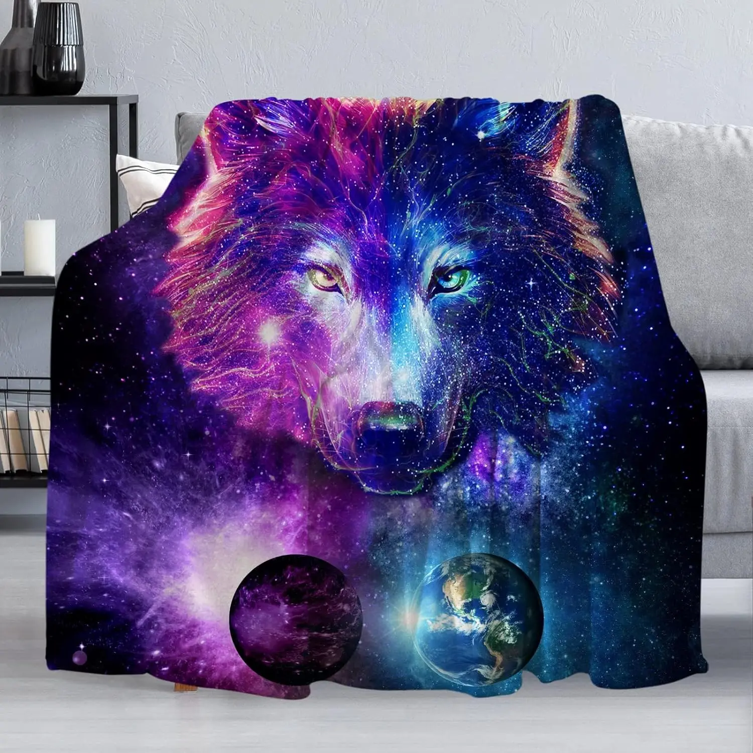 Fleece Throw Blanket,Soft Cozy Warm Fuzzy Flannel Plush Blanket Colorful Galaxy Wolf Purple Planet Blue Earth Blanket for Couch,