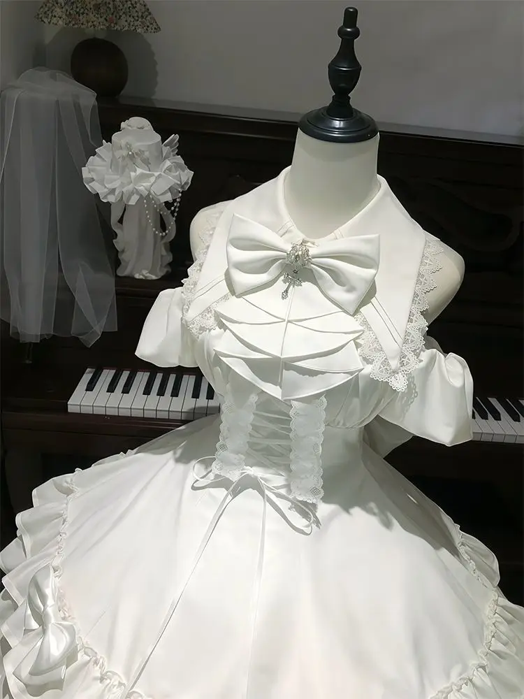 Janpanese Sweet Lolita Cute Bow Waist Dress Women Summer Elegant Princess Style White Ruffle Lace Up Party Dress Y2k Aesthetics