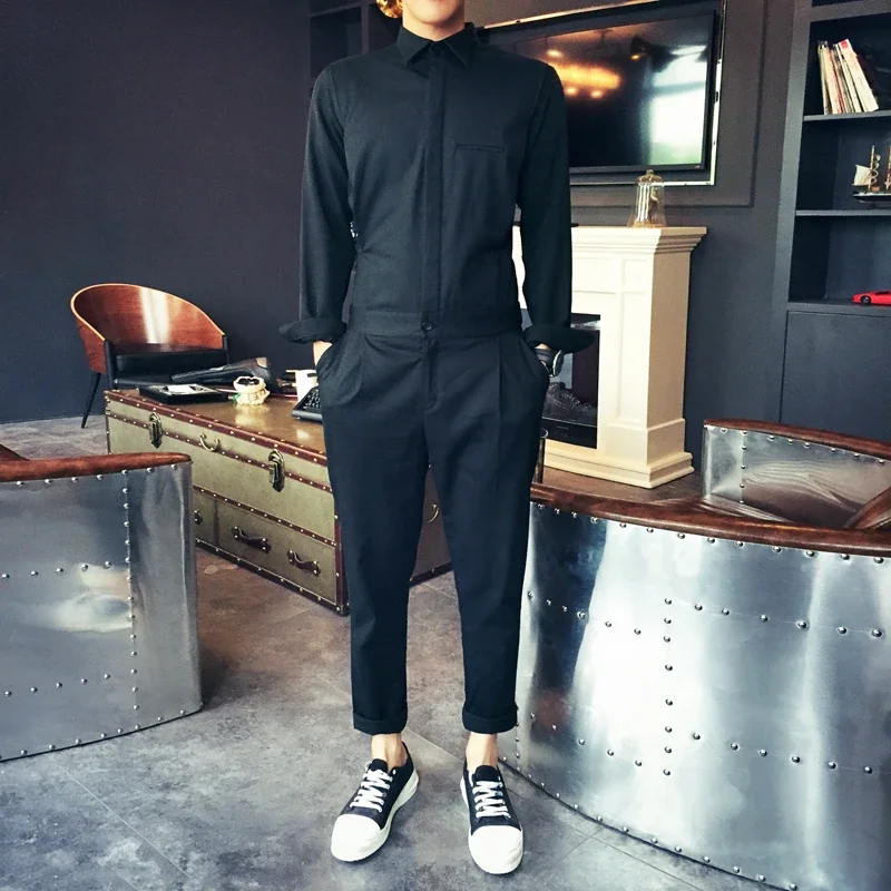 2024 Men Women's Clothing Catwalk Black Shirt Jumpsuit Casual Male Personality Trousers Set Slim Plus Size Singer Costumes