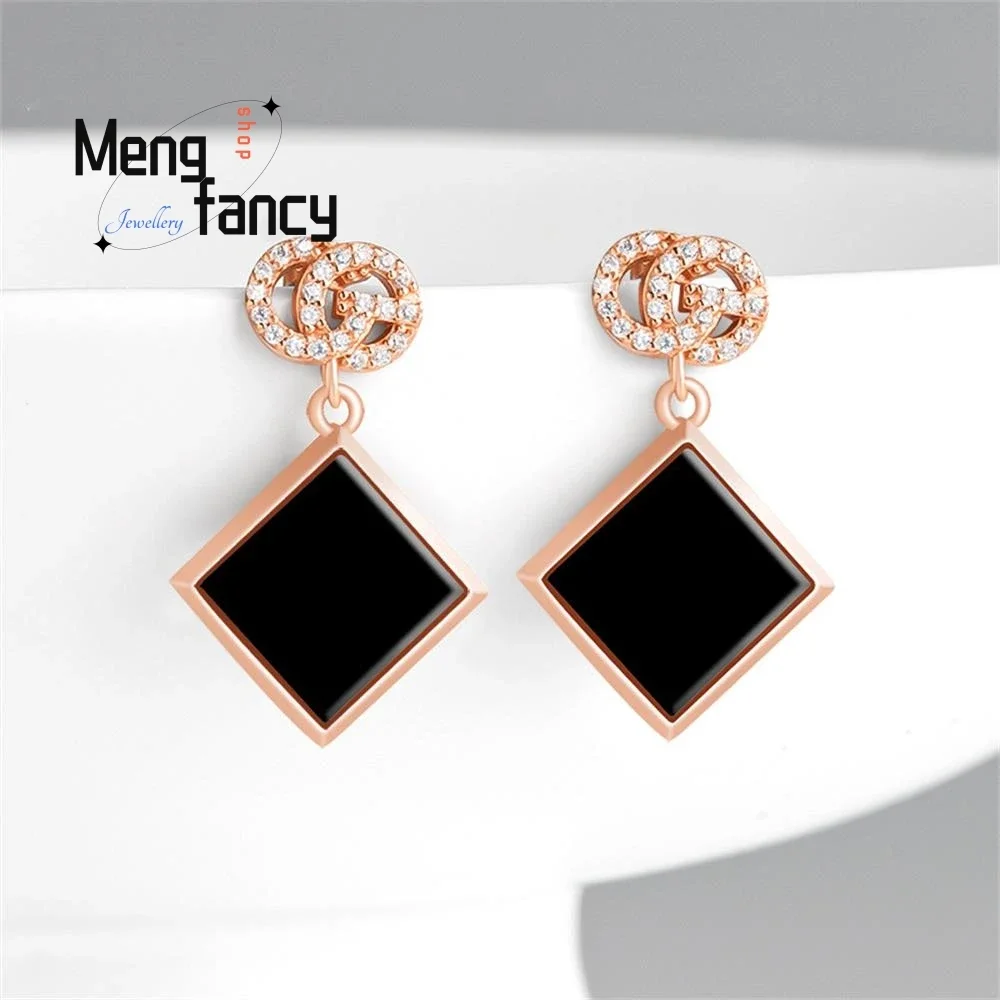 

S925 Silver Inlaid Natural Ink Cui A-goods Jadeite Square Jade Earrings Senior Temperament Female Models Luxury Quality Jewelry