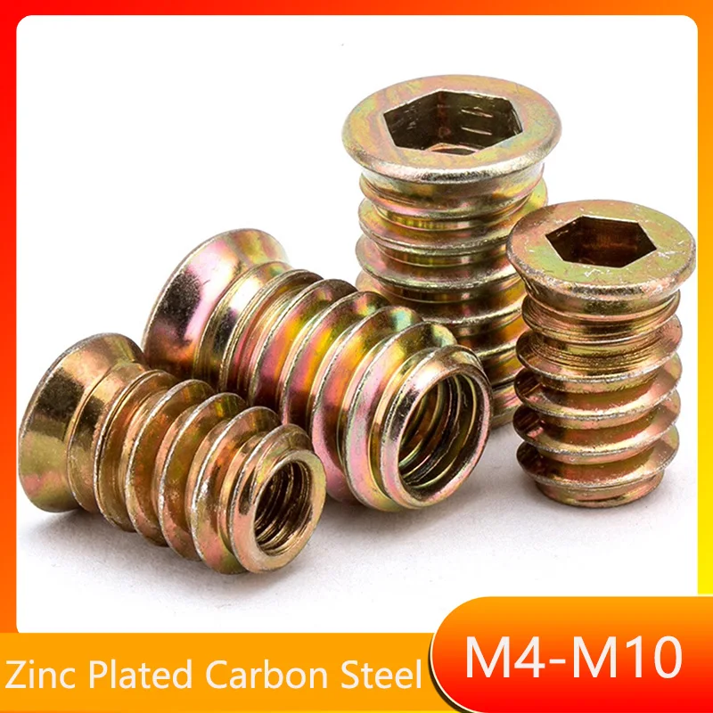 Zinc Plated Carbon Steel Hexagon Socket Threaded Insert Nut Embedded E-Nut for Furniture Wood Bed Cabinet M4 M5 M6 M8 M10