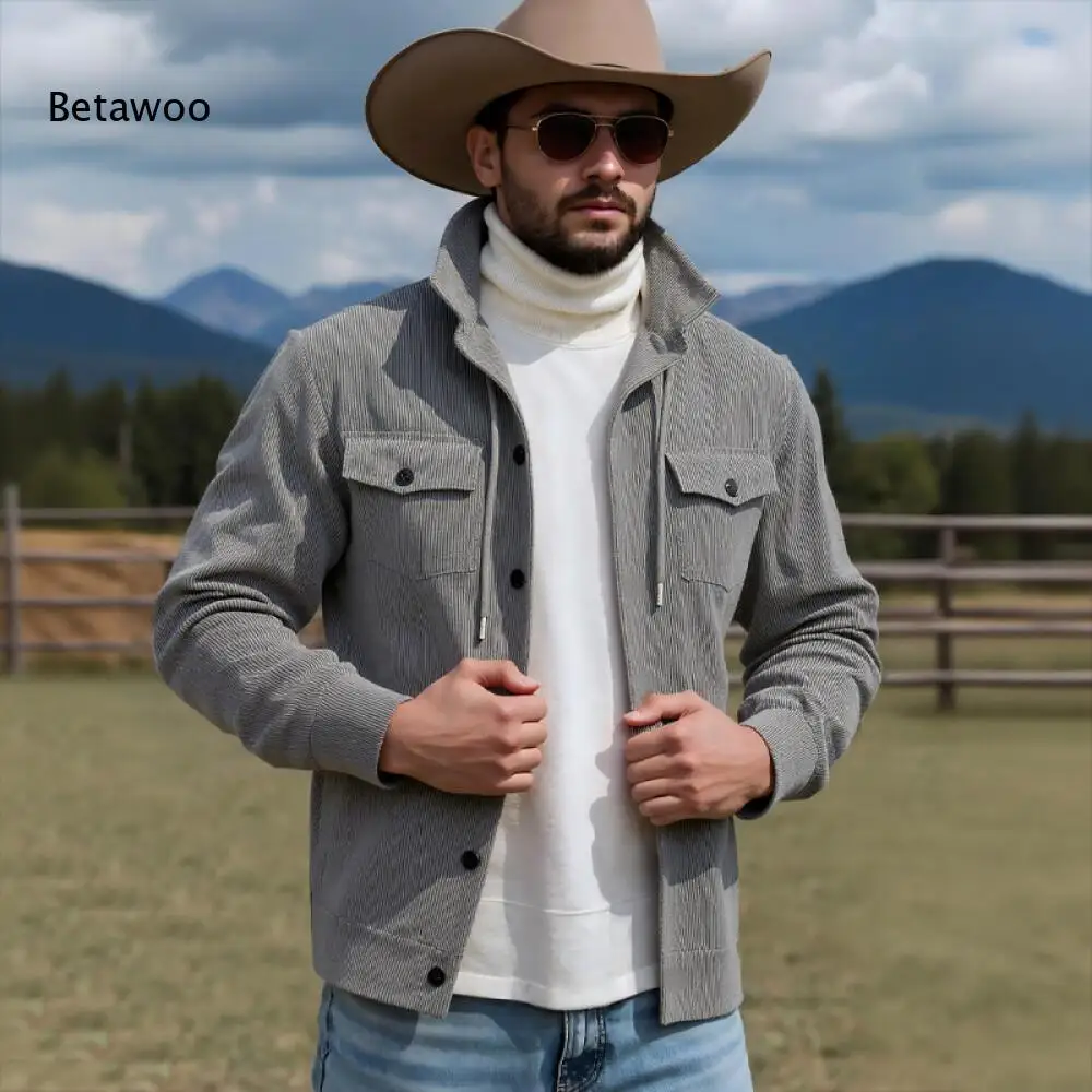 Men Drawstring Collar Corduroy Jacket Long Sleeve Button Down Solid Casual Outerwear With Chest Pockets For Autumn Daily Wear