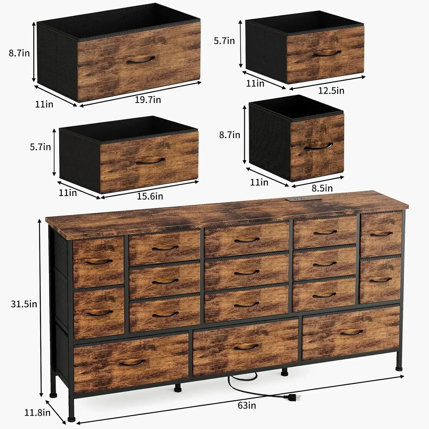 63.3”W TV Stand Dresser, 70''TV Stand with Power Outlets, Long Dresser with 16 Large Drawers, Fabric Chest of Drawers for Living