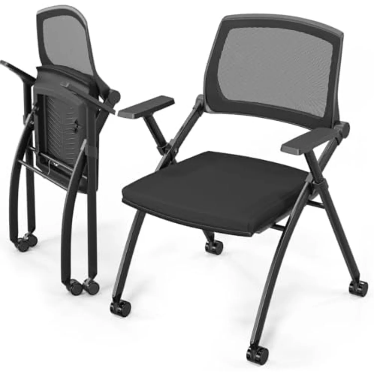 2 Pack Stackable Conference Room Chairs with Wheels, Folding Office Chair with Rebound Back, Padded Seat for Training