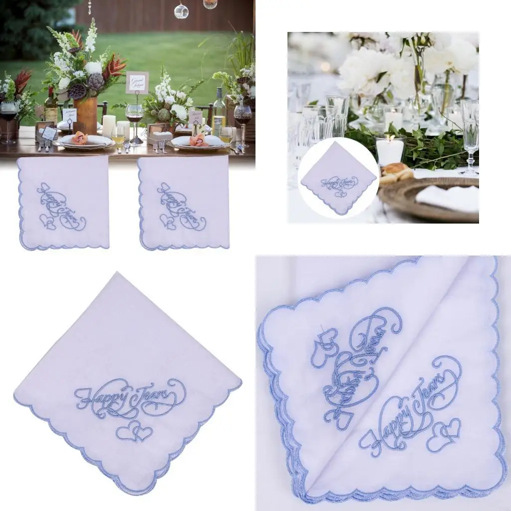 

39BC White Cotton Wedding Handkerchief Elegant Embroidery Happy Tears Kerchief Gift