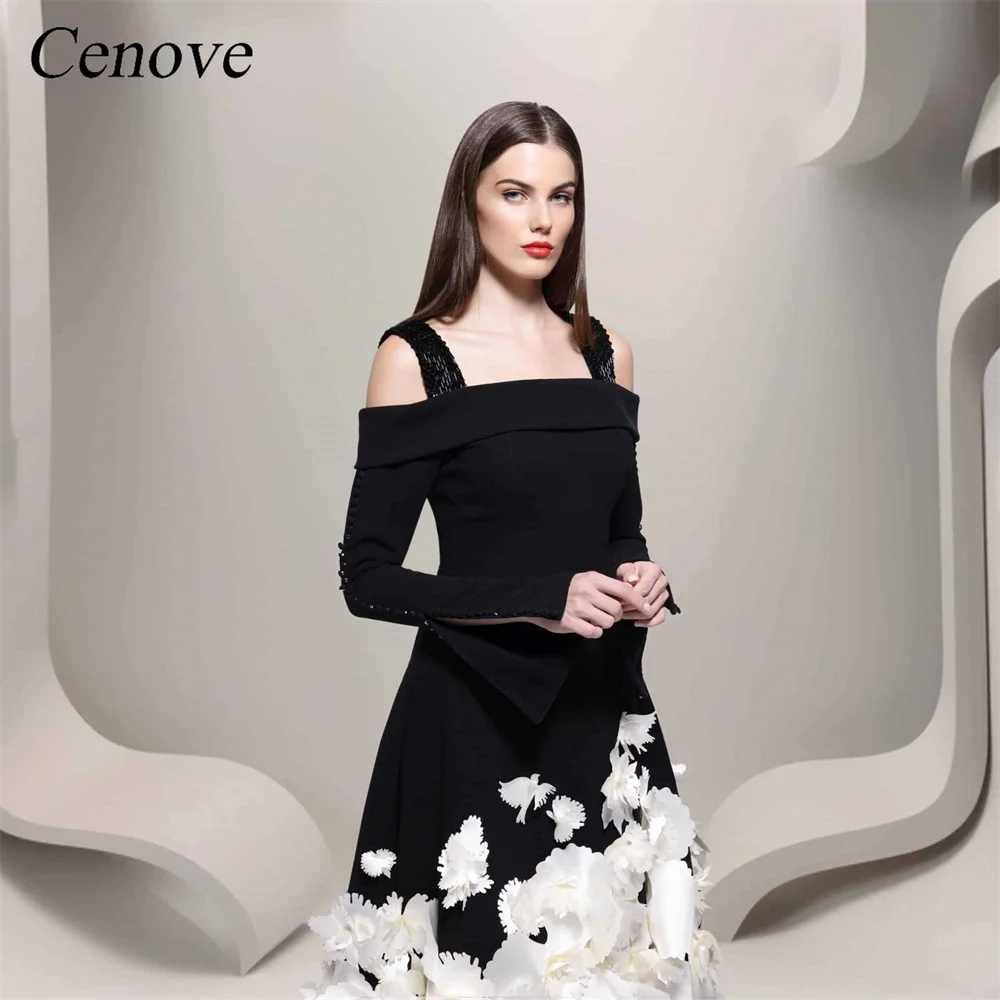 Cenove Square Collar Prom Dress Tea-Length With Long Sleeves Evening Summer Elegant Party Dress For Women