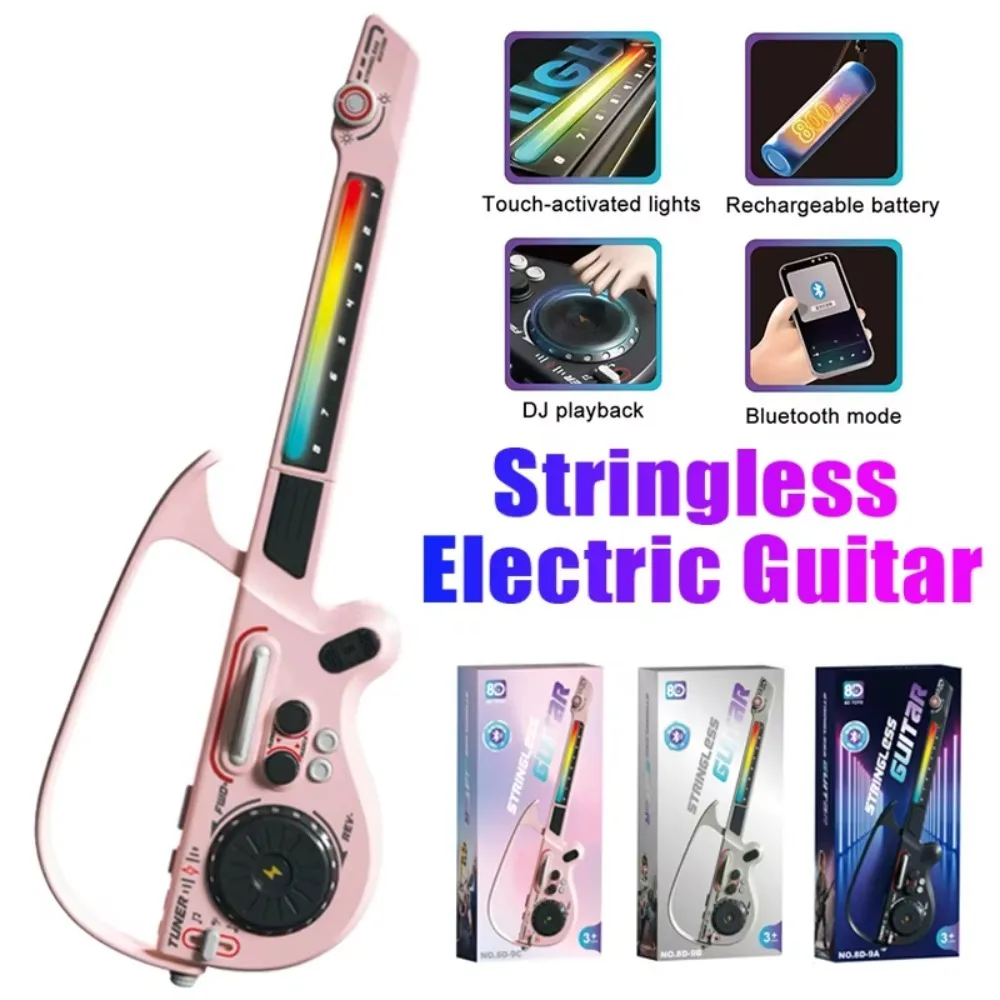 Portable Stringless Electric Guitar Toy Early Learning Musical Multifunctional DJ Guitar with LED Lights Foldable DJ Music Mixer