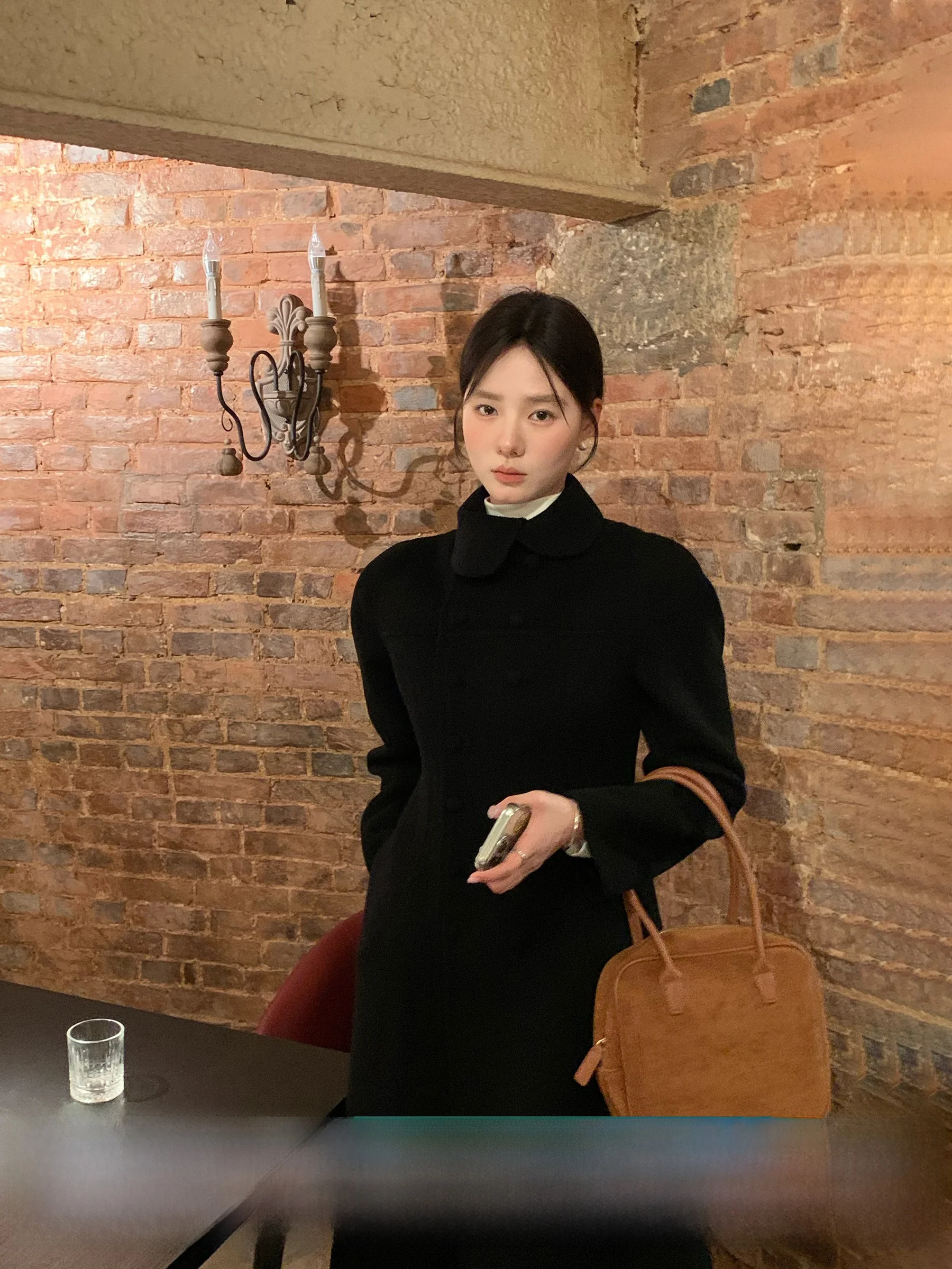 

Korean Sle Woolen Coat with Large Flower Pattern Bla Irregular Collar Long Sve Women's Mid-Length Coat Youth Faion