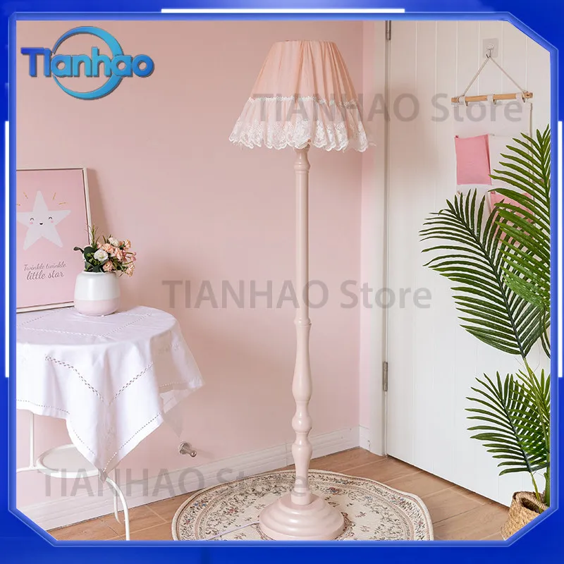 LED Floor Lamp with Pink Fabric Lace Shade for European Wooden Floors Bedroom Bedside Sofa Living Room Cafe Study Foot Switch