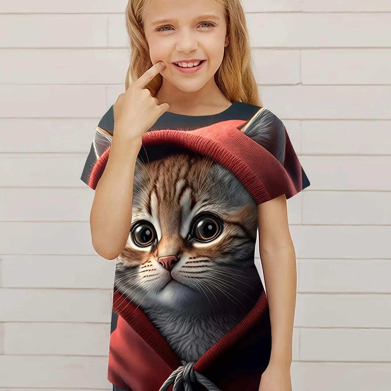 Adorable Kitten Graphic Print Kids T-Shirt Crew Neck Short Sleeve Tops Casual T-Shirt for Children Girl Summer Outdoor Sports