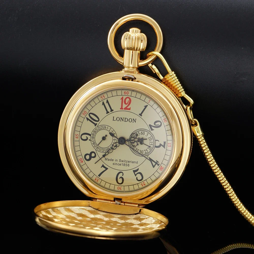 Vintage Gold Train London Design Mechanical Pocket Watch with Chain Stainless Steel Mens Pocket Watches Gifts