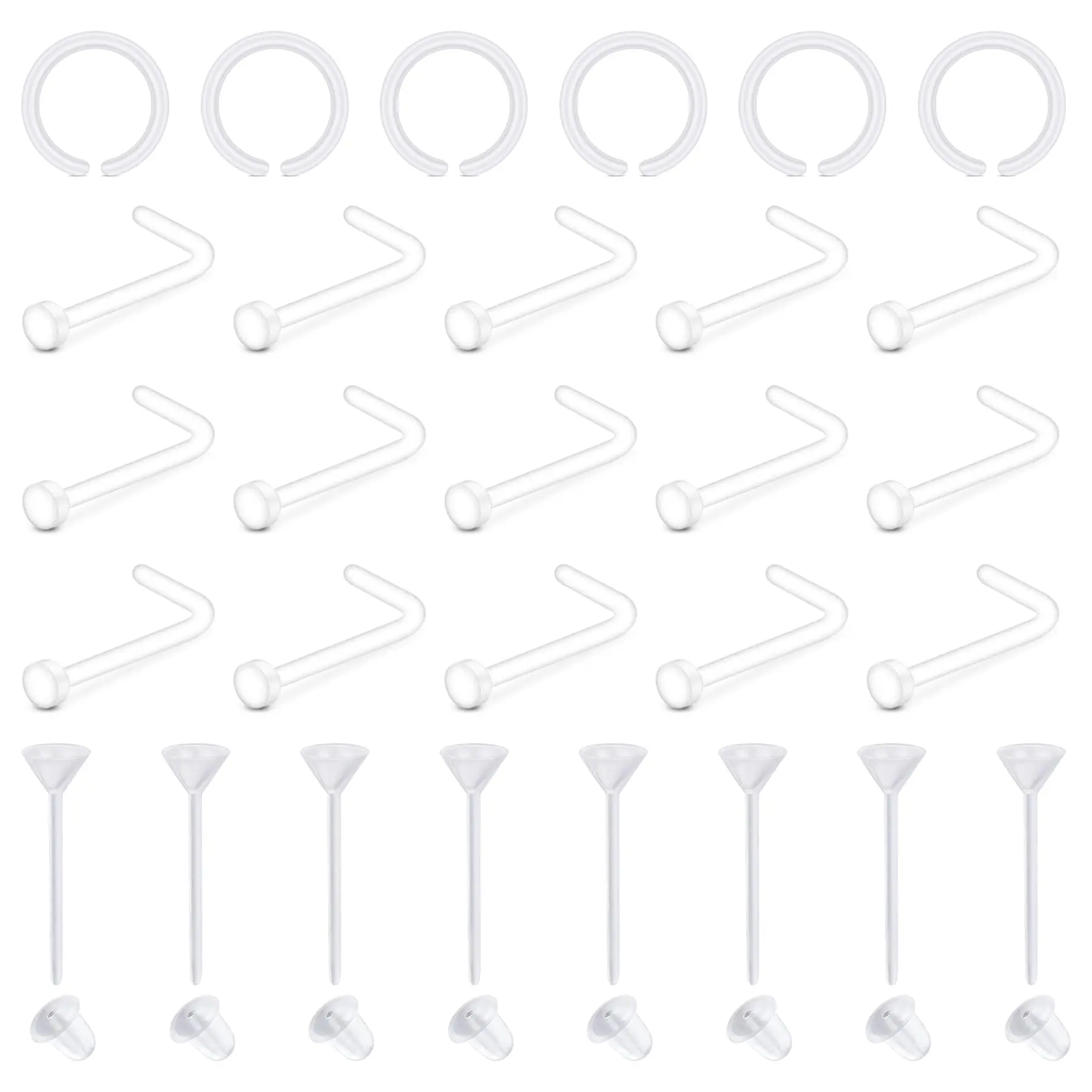 36/37 Pcs 20G Clear Nose Studs Plastic Nose Rings Set Acrylic Nose Piercing Retainer Invisible Spacers Nose Retainers