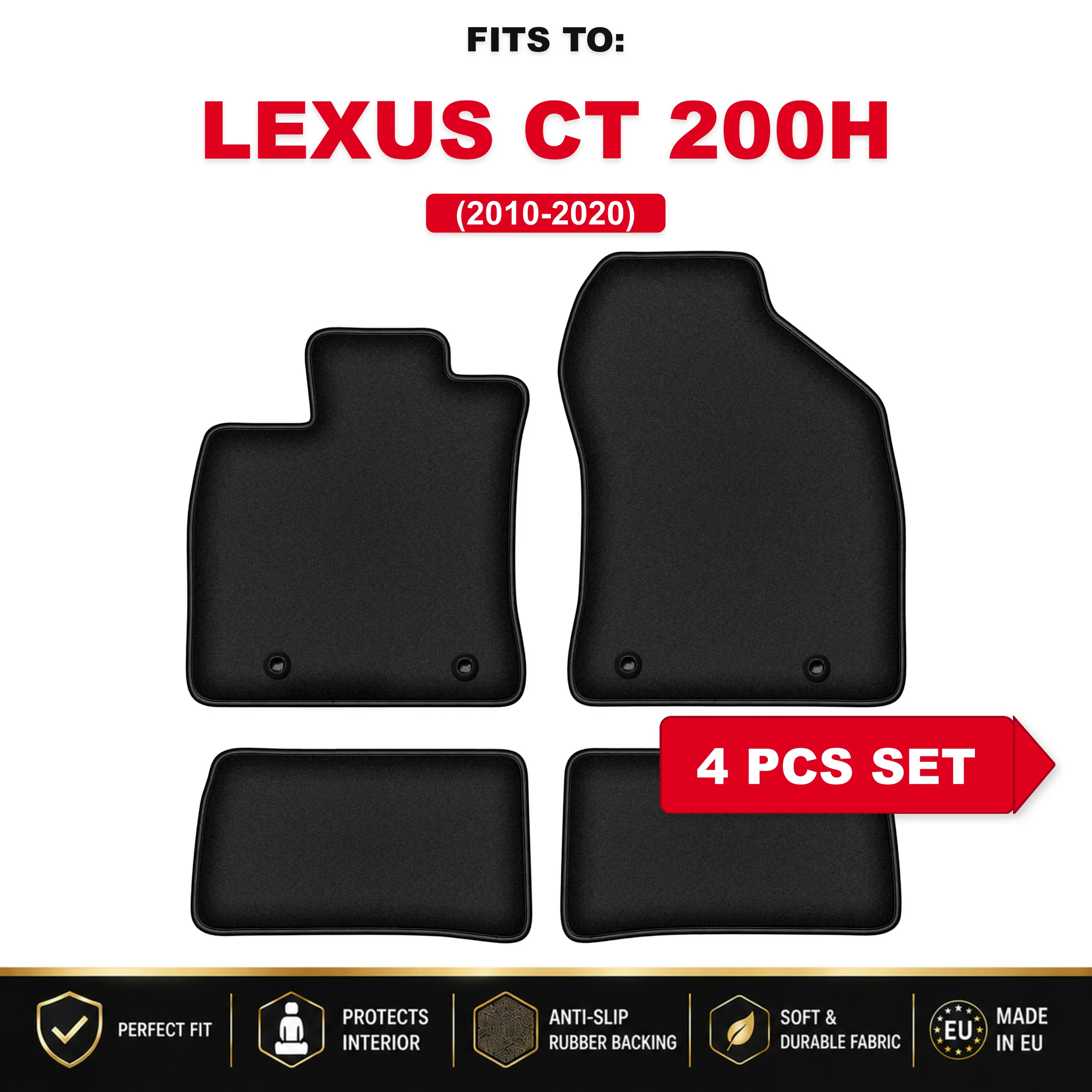 Zwarte velours autovloermatten, 4 stuks Voor: Lexus CT 200H 2010-2020 bijpassende automattenset