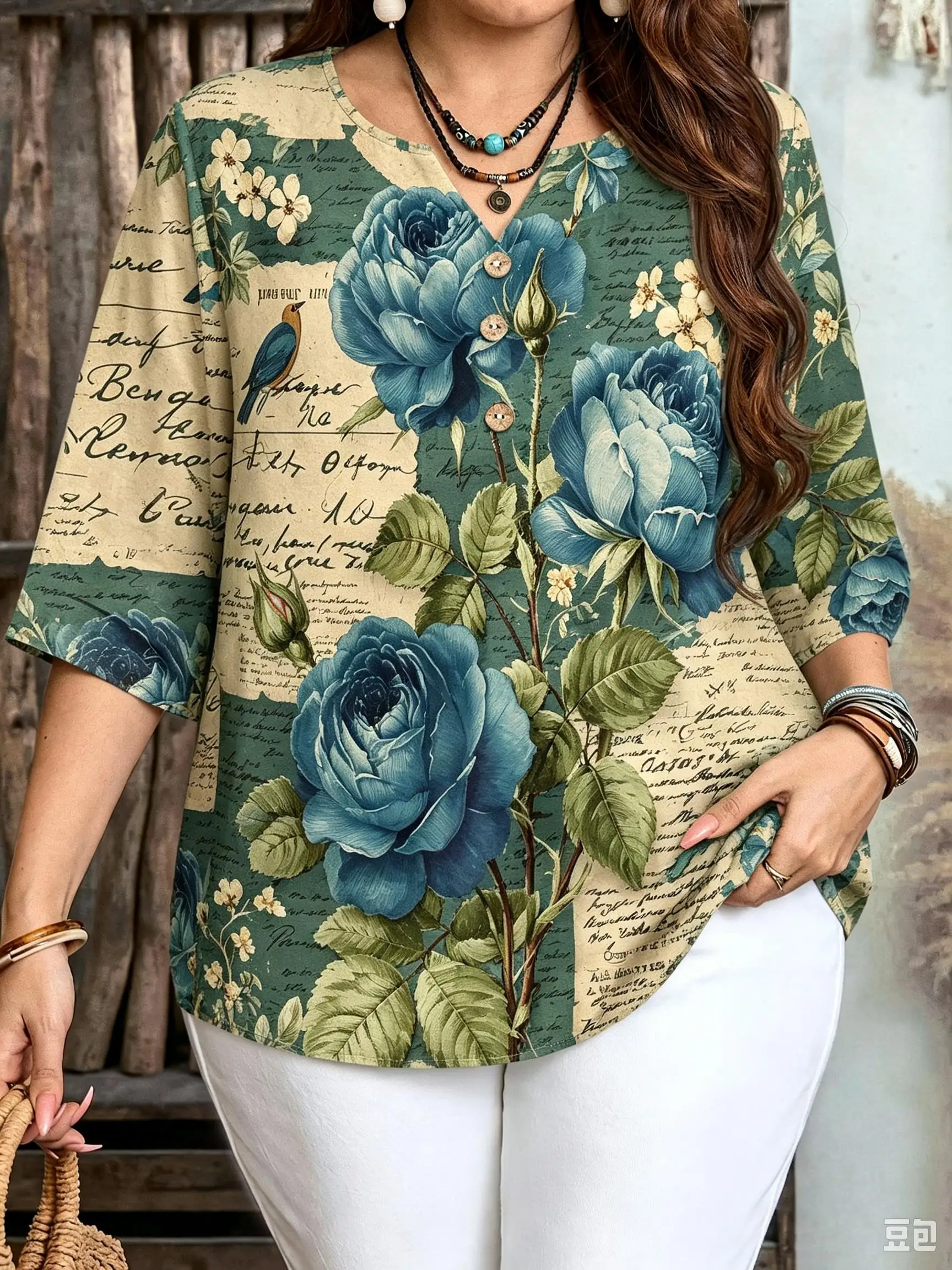 Women Boho Partial & All‑Over Floral Placement Print Blouse For Curvy Figures Notched Neck 3/4 Sleeve Loose Vintage Tops