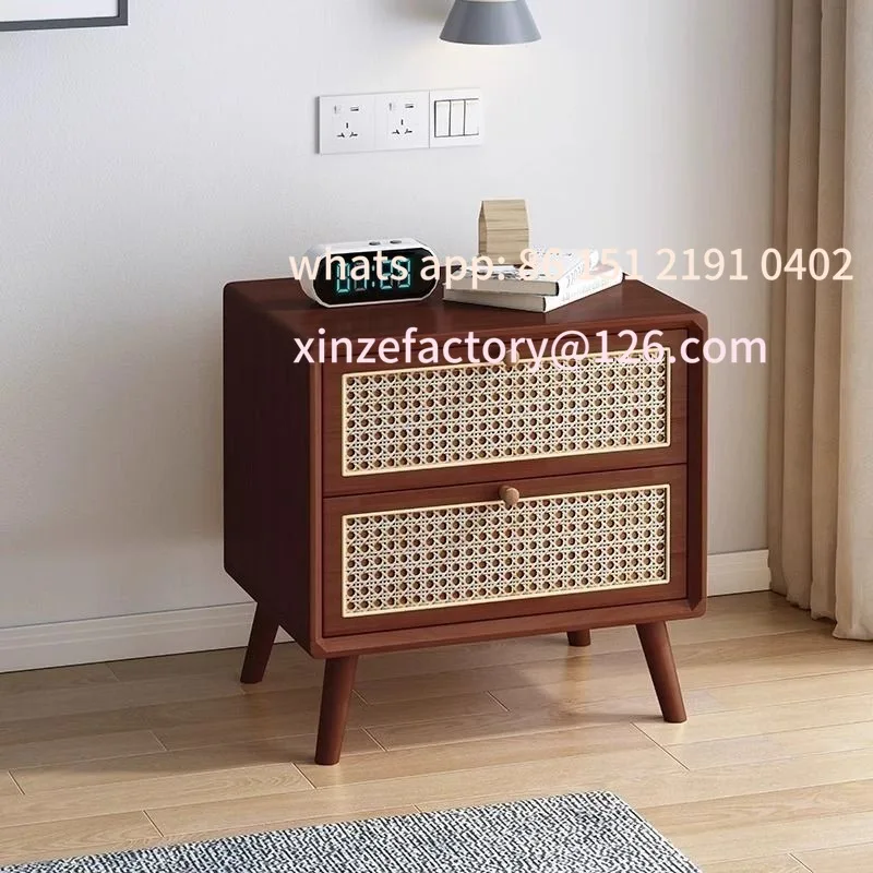Customizable Winter Rattan Bedside Table Solid Wood Nordic Simple Quiet Wind Mini Wooden Locker