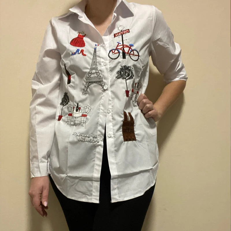 Spring Autumn Long Sleeve Cotton Blouse White Embroidery Shirt Women New 2024 Casual Button Up Turn Down Collar Female top 5083