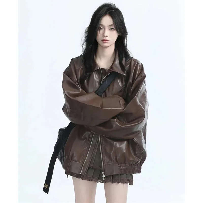 American Ladies Leisure PU Leather Jacket Spring Autumn Female Zipper Faux Leather Coat Women Solid Color Leather Outwear
