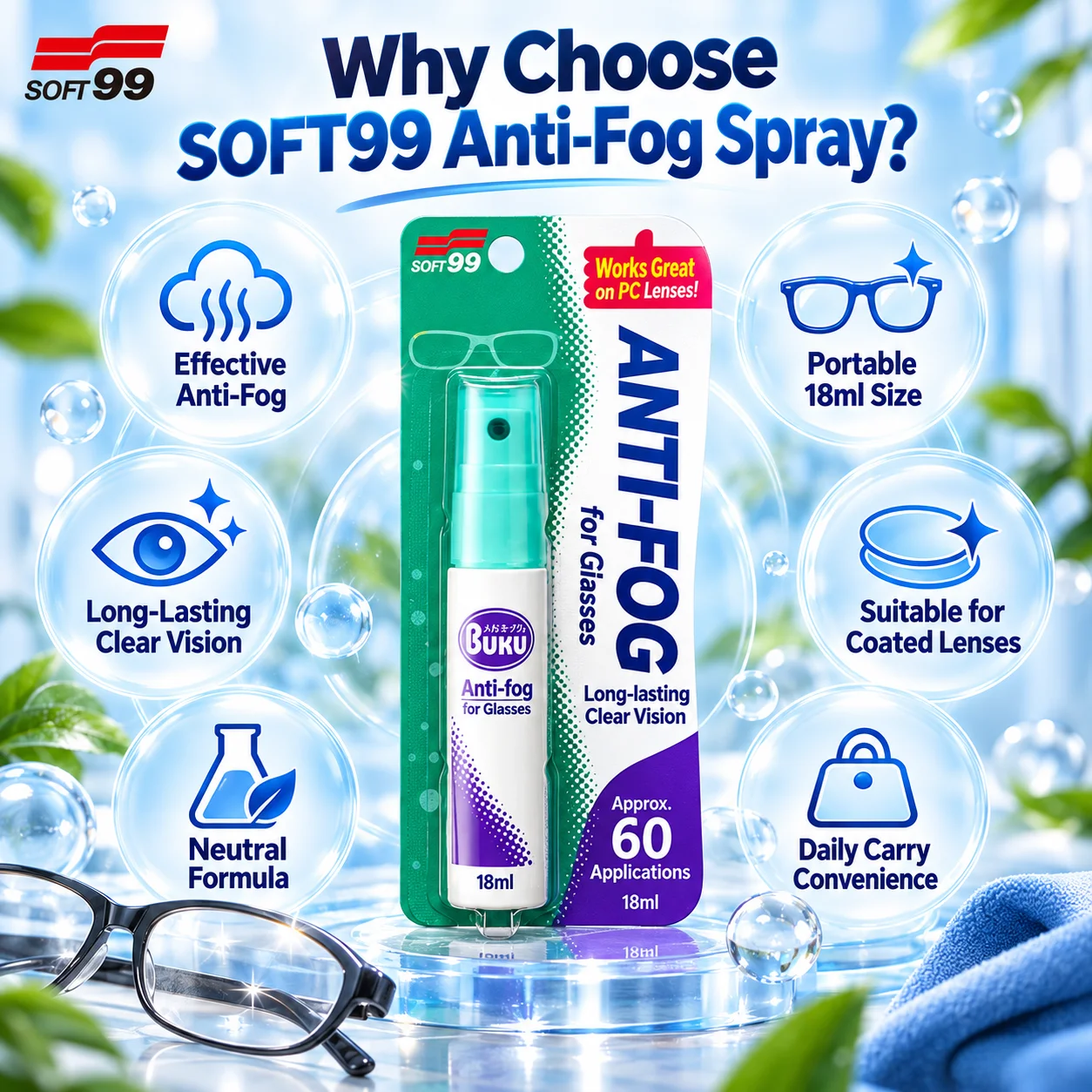 SOFT99 20134 Glasses Anti-Fog Spray Portable Neutral Lens Treatment for Masks Hot Drinks Daily Eyeglasses 18ml