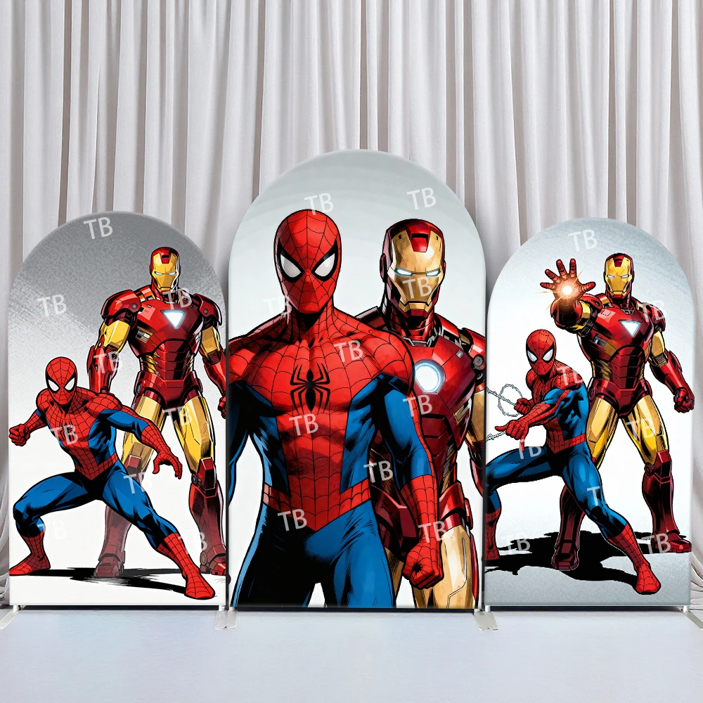 

Spider-Man & Iron Man Arch Backdrop Cover Comic Style Superhero Team Scene Birthday & Baby Shower Party Photo Booth Decor Props