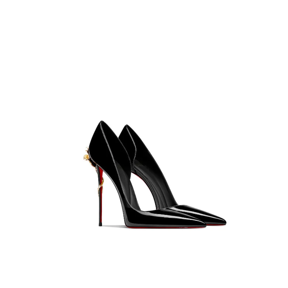 Women's Black Pointed Toe Thin Heel Pumps  Side Cut Design Decorative Spring Summer New Versatile Sexy High Heels