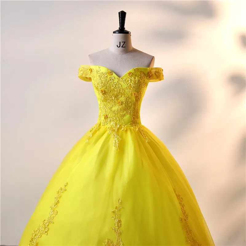 Ashley gaun pesta kuning gaun Quinceanera manis gaun pesta bahu terbuka elegan Vestidos renda klasik disesuaikan B01