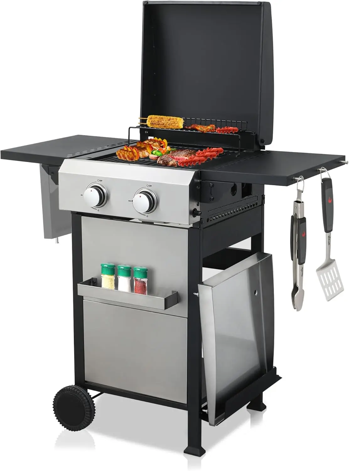 

2 Burner Griddle & Grill Combo with Enameled Cast Iron Grate, Propane BBQ Grill with Foldable Side Table and Hanging Basket