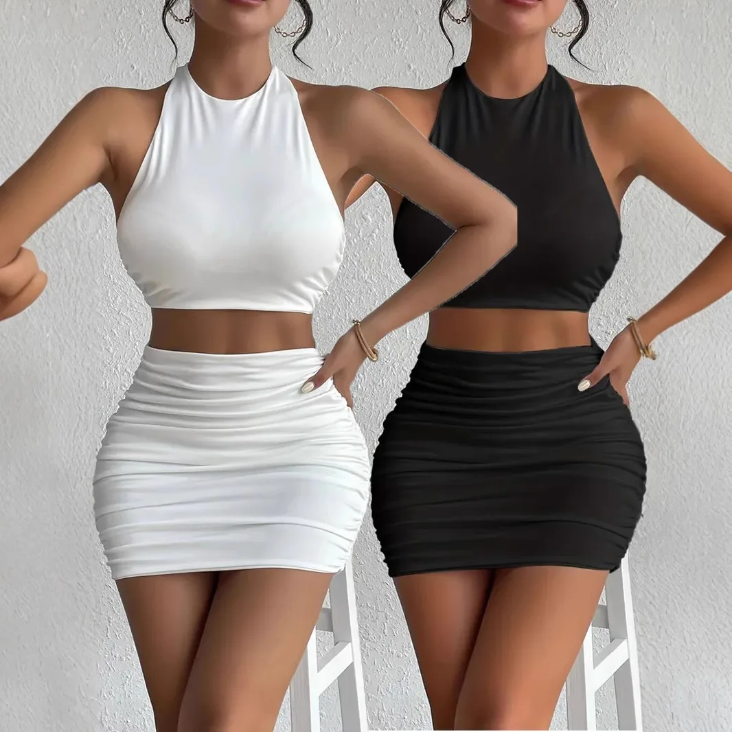 Women's Halter Neck Crop Top &ruched Bodycon Mini Skirt 2 Piece Set Sleeveless Backless Party Clubwear Slim Fit