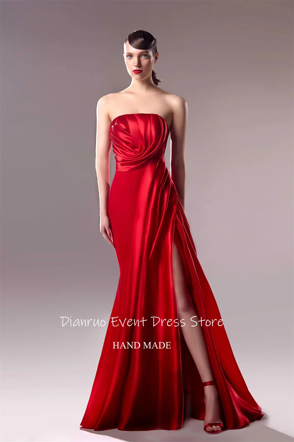 Dianruo Gaun Malam Merah Celah Tinggi Gaun Tamu Putri Duyung Satin Tanpa Tali Jubah Panjang Selantai Punggung Terbuka De Koktail Disesuaikan