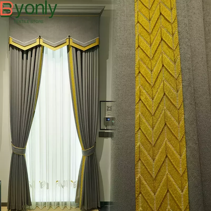 

American Grey Thickened Chenille Blackout Jacquard Patched Curtains for Living Room Bedroom Balcony French Window Customized