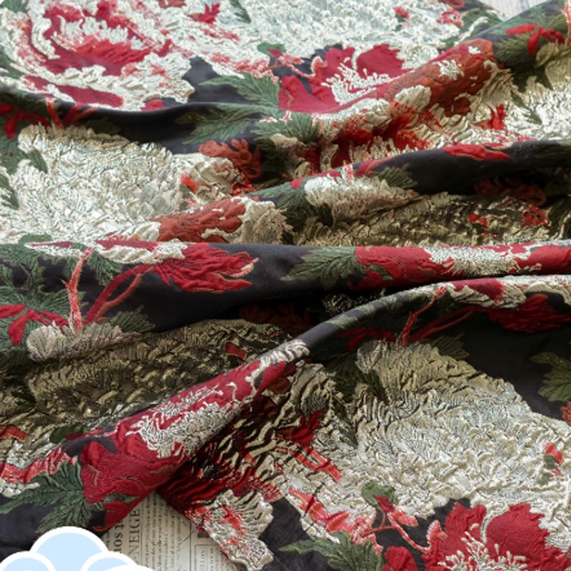 Luxury Palace Style Slightly Transparent 3D Embossed Peony Gold Silk Jacquard Fabric Evening Dress Coat Sewing Fabric
