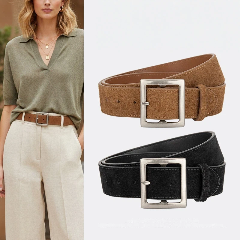 3.8cm Women's Korean Version Simple Retro Suede Genuine Leather Belts Decoration Trendy Design Waist Cinching Belt for Woman