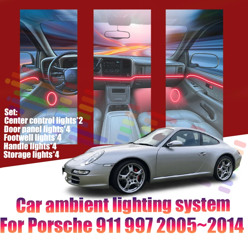Lámparas LED Ambientales para Porsche 911 997 2005~2014, Luces de Atmósfera Coloridas, Tira de Neón Interior para Auto, Iluminación RGB de 64 Colores, Pieza para Auto