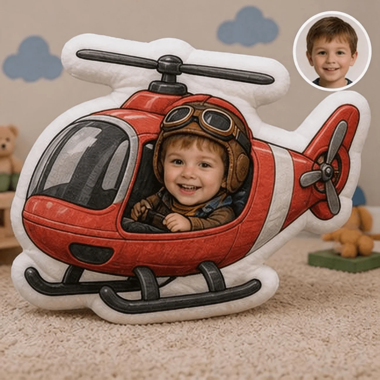 Personalized Photo Customization Pillow: Helicopter Pilot Character Red & White Custom Shaped Decorative Cushion, Stylized Illus