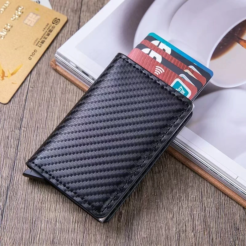 

Slim Aluminum Carbon Fiber Men Wallet ID Credit Card Holder Mini RFID Wallet Automatic Pop Up Card Case 2024 Black