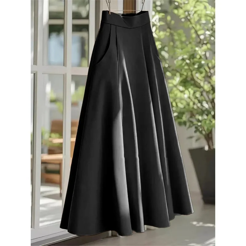 กระโปรงยาวทรงเอวสูงสีพื้นสำหรับผู้หญิงฤดูร้อน กระโปรงยาวลำลองสำหรับผู้หญิงระดับไฮเอนด์ แฟชั่นสไตล์ฝรั่งเศสปี 2025 กระโปรงยาวทรงแม็กซี่เนื้อบาง