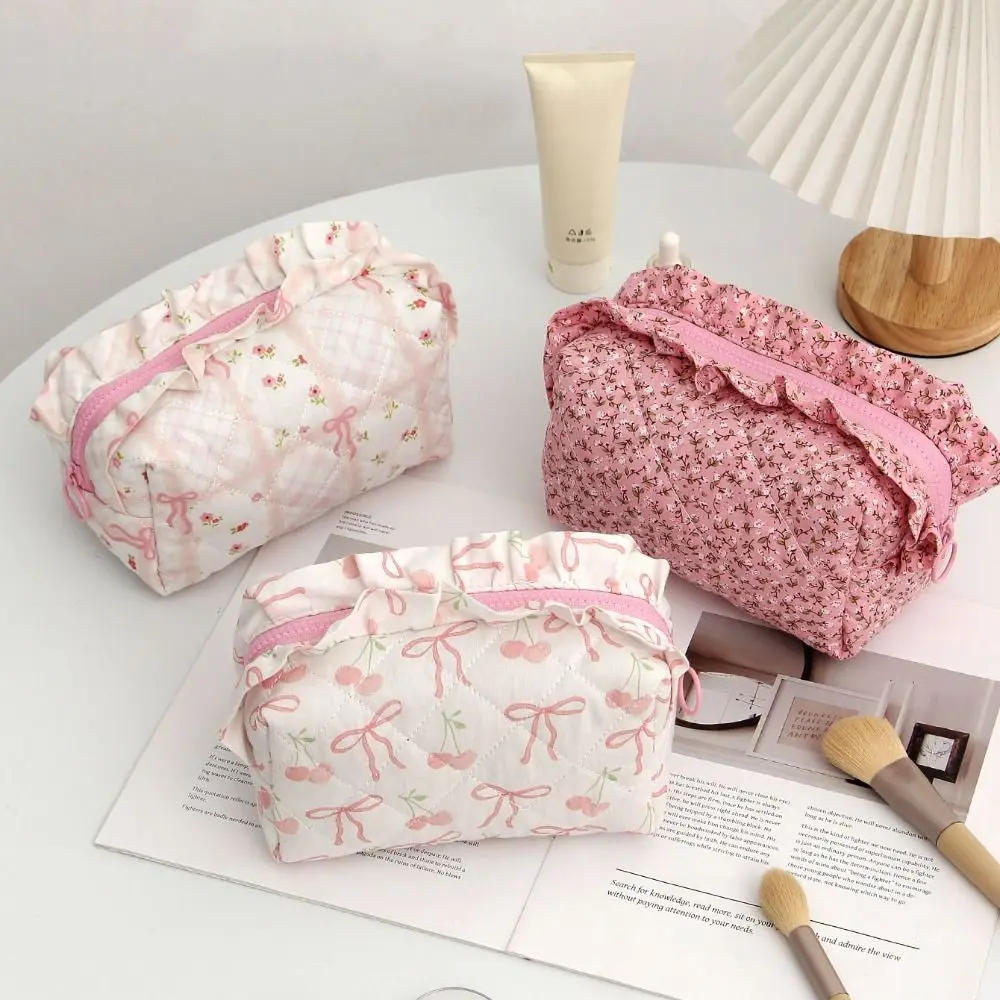 Portable Bow Quilted Cosmetic Bag Makeup Organizer Large Capacity Travel Toiletry Bag Lightweight Zipper Ruffles Storage Bag