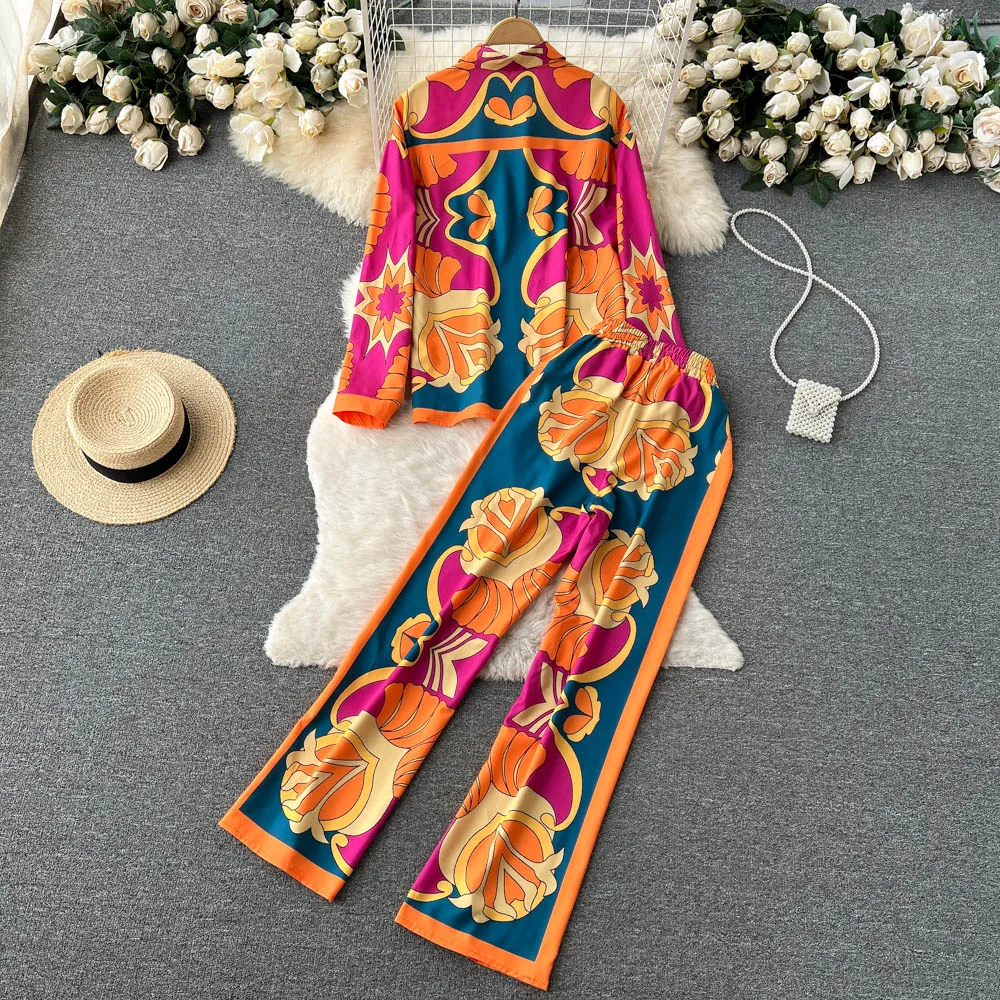 2024 Fashion Print Elegant Sleepwear Women\'s Set Elastic Waist Straight 2 Piece Pajamas Set Casual Chic Youth Vacation Home Suit