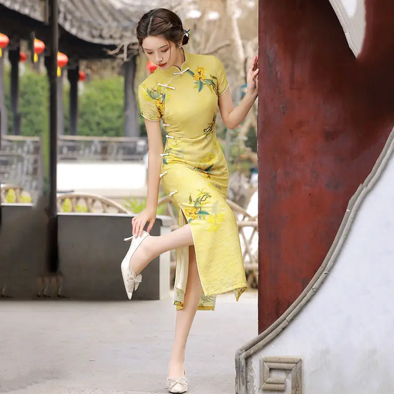 Cheongsam 2022 New Women\'s Summer Young Elegant High-end Daily Retro Republic of China Yellow Long Chinese Style