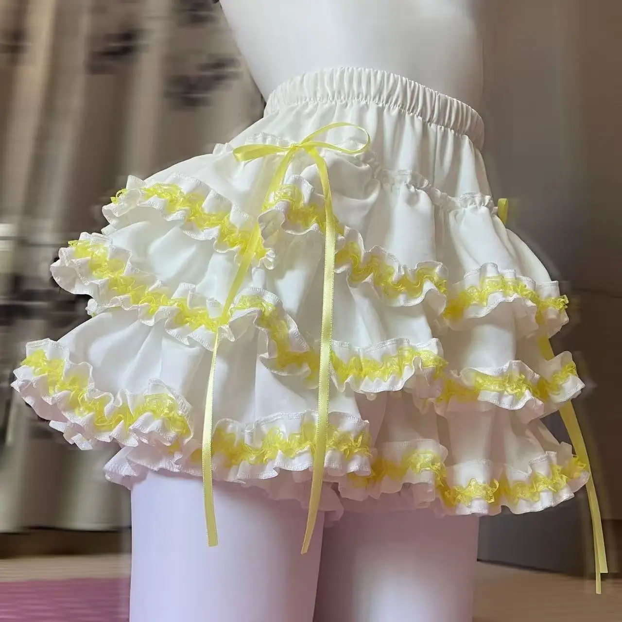 Sweet Kawaii Lolita Tiered Ruffle Cake Mini Skirt Yellow Lace Trim Bow Elastic Waist Safety Liner Women Frilly Flowy Short Skirt