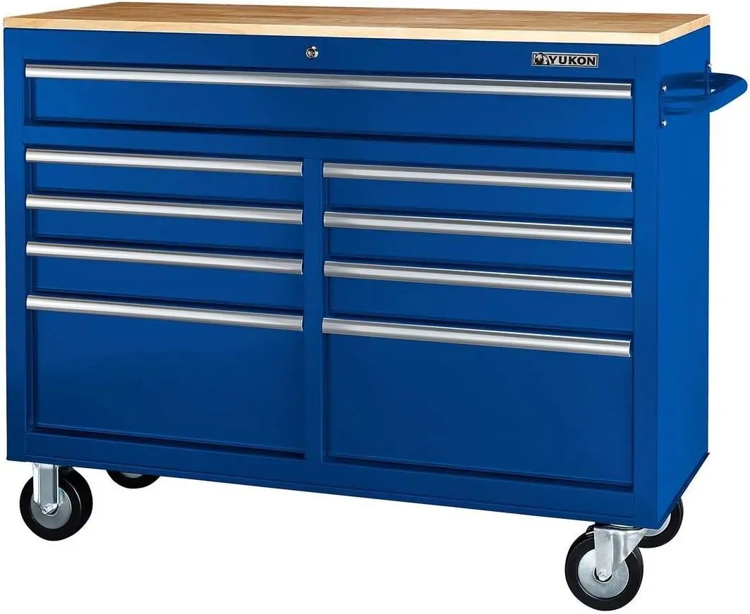 46 In. 9-Drawer Mobile Storage Cabinet With Solid Wood Top - Blue Workbench