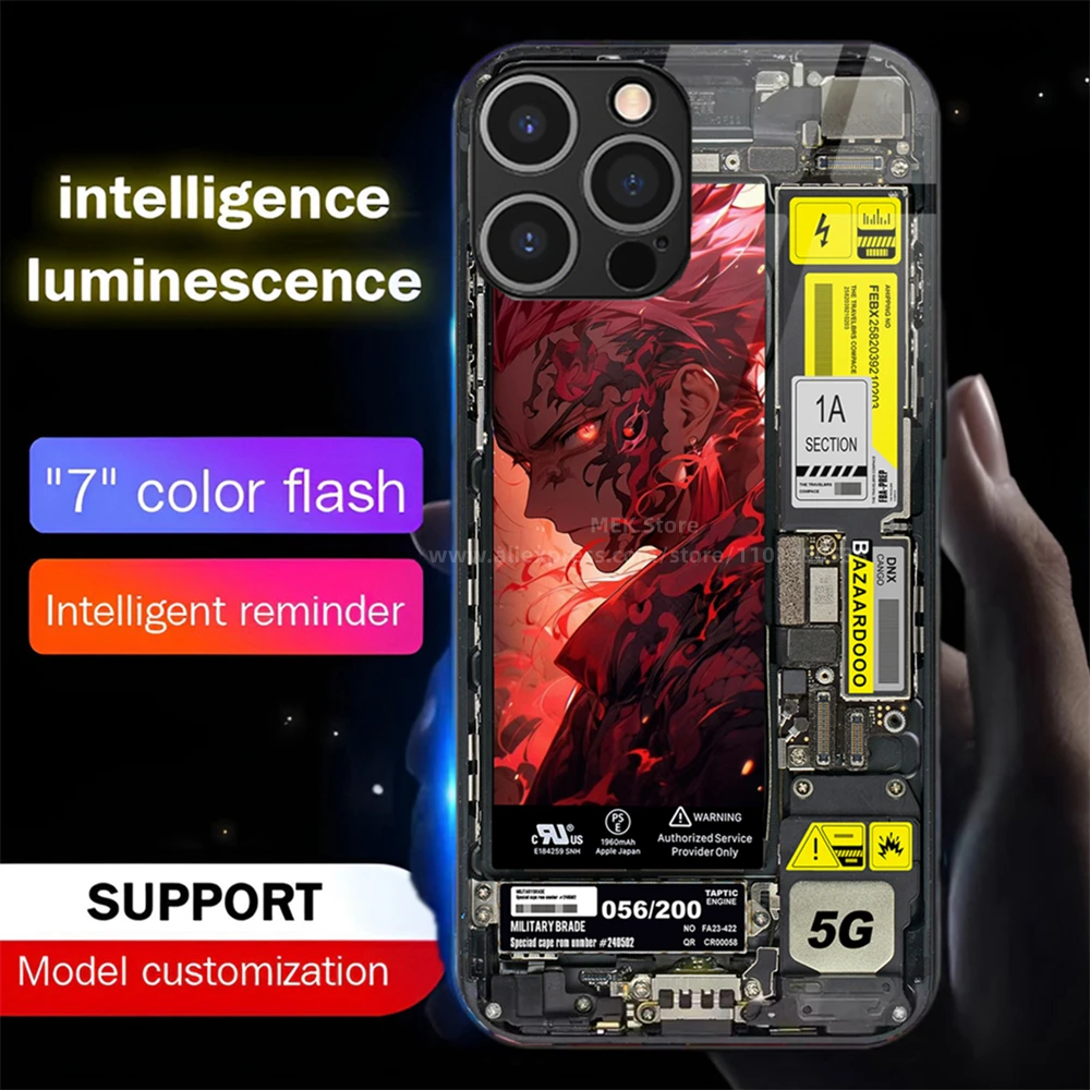 

Popular Punk Anime Sound Control LED Flash Cases Luminous Glass Cover For iPhone 16 15 14 13 12 11 Pro Max X XR XS 7 8 Plus SE