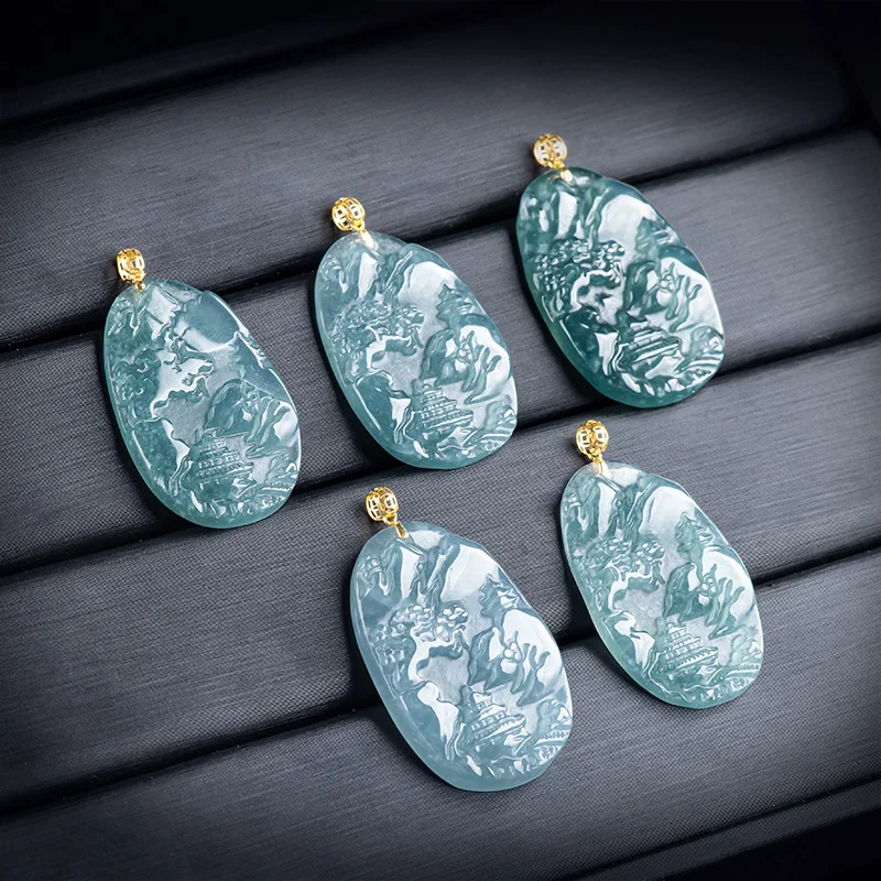 High end natural A-grade jadeite blue water landscape pendant, ice type jade women's pendant amulet lover necklace sign