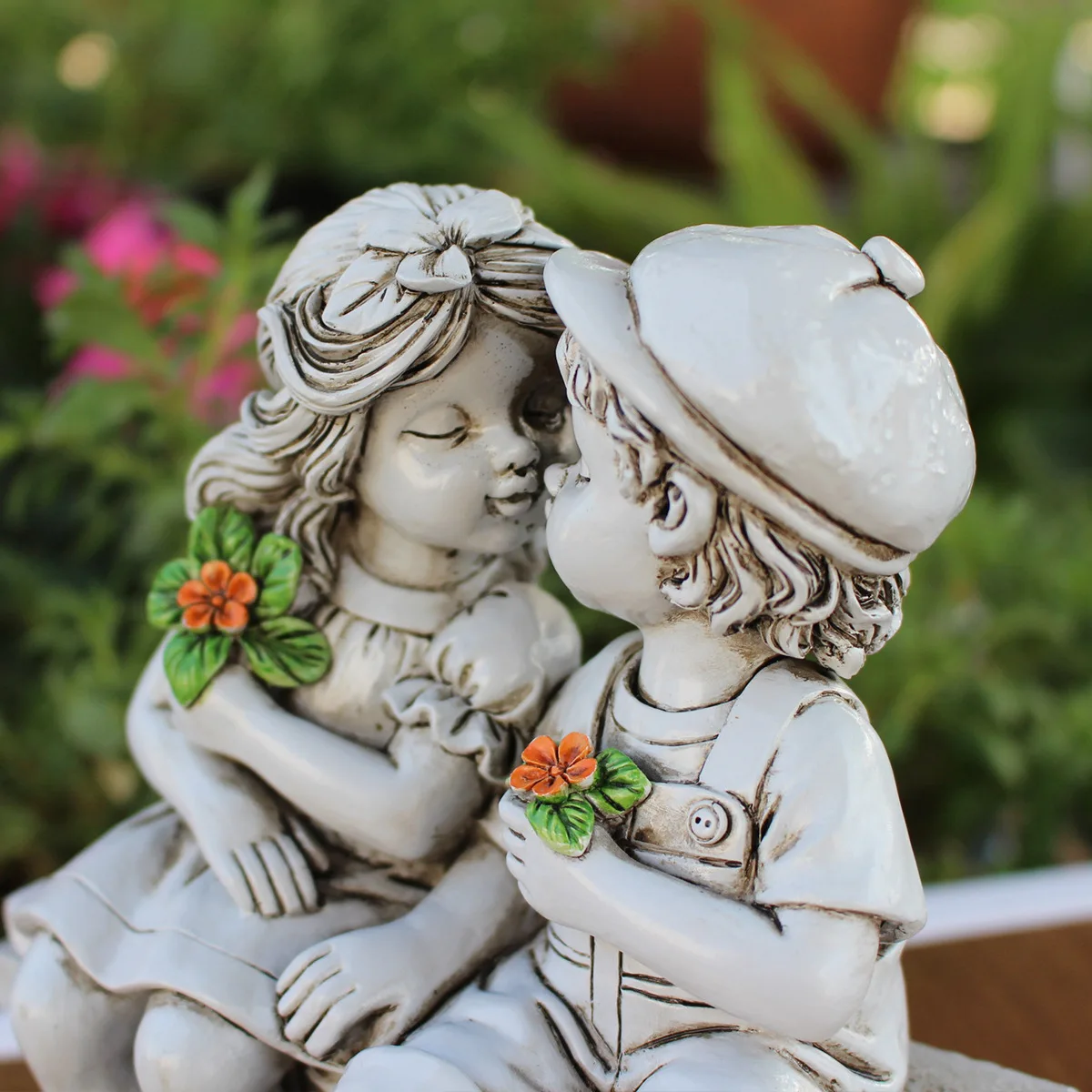 Sitting Fairy Statue  Resin Boy and Girl Couple Sitting Chair Kiss Figurine Outdoor Garden Ornament Porch Sculpture Yard Decor