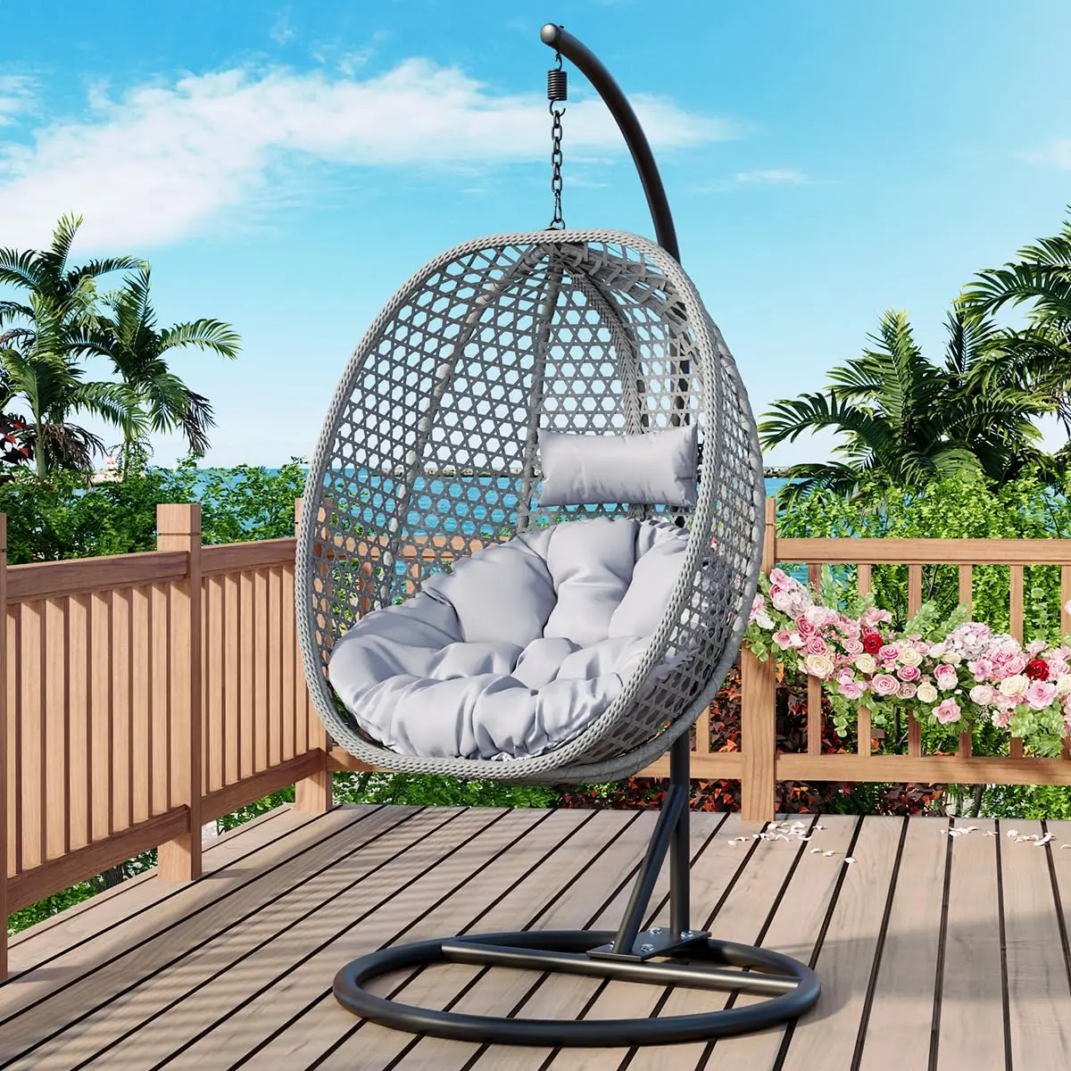 Egg Swing Chair with Stand & Removable Cushion, 350 lb Capacity for Patio Balcony Porch Bedroom, Grey, Customized