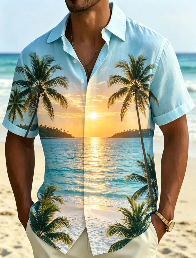 Summer Tropical Landscape Printed Hawaiian Shirt, Seaside Vacation Style, for Beach Vacation, Pool Party, and Daily Dressing