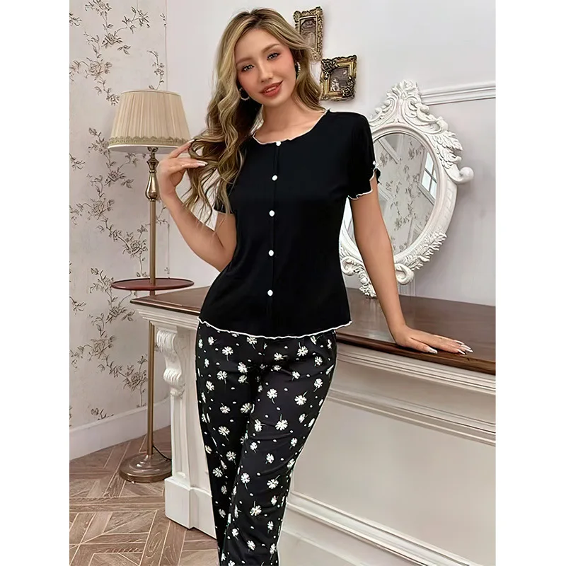 Women's Sleepwear Loose Casual Style Loungewear Solid Color Knitted Cotton Crew Neck Short Sleeve Pants Pajamas Women's Suit