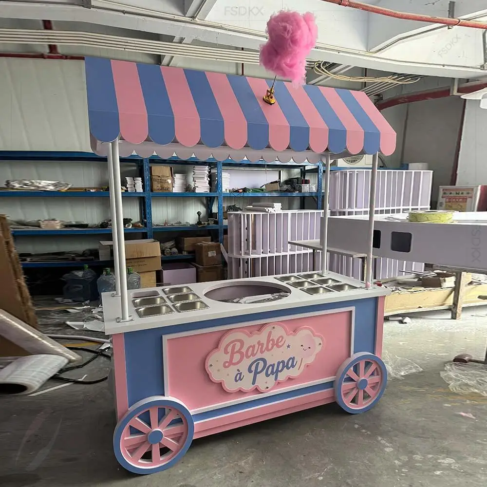 Custom Theme Mobile Candy Car Food Bar Station Candy Kiosk Food Truck Cart Pvc Cotton Candy Cart Display Stand