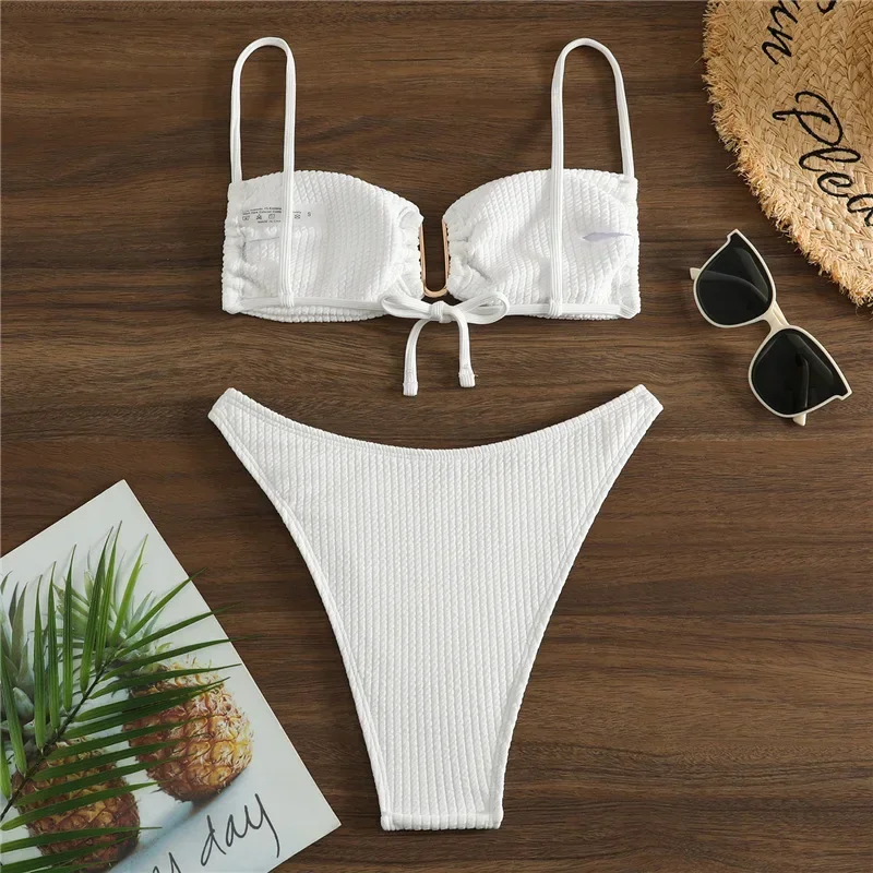 White Swimsuit Women Bathing Suit Thong Bikini 2025 U Metal Biquinis Feminino Swimwear Low Waist Beachwear Sexy Bandeau Bikinis