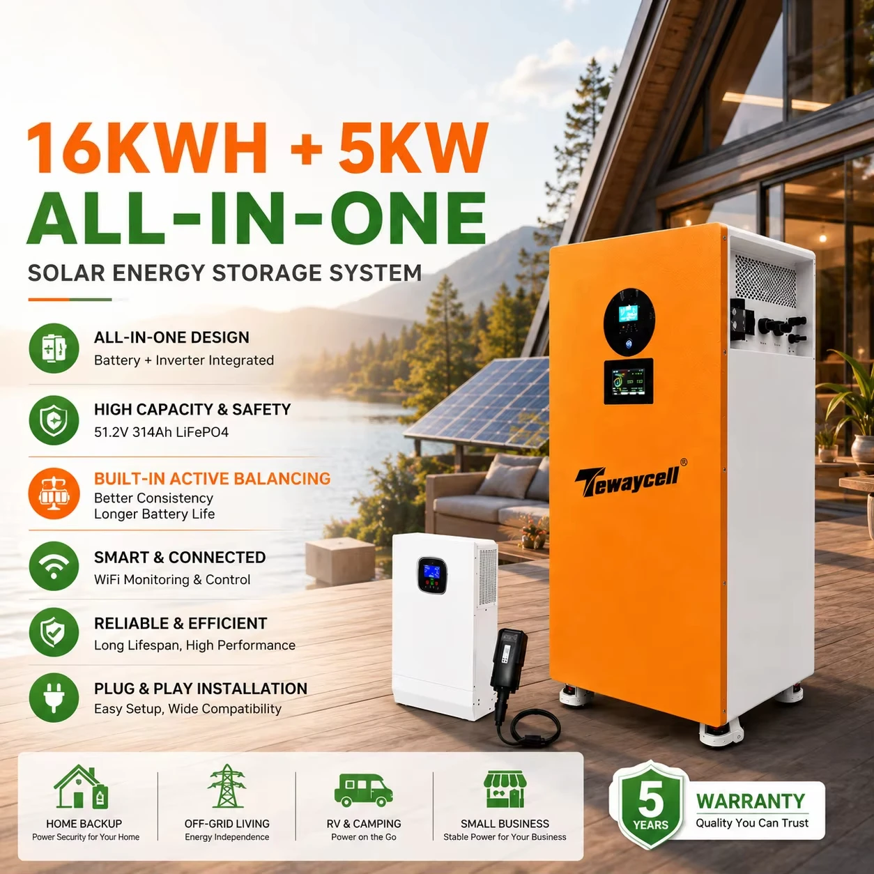 Sistema de Almacenamiento Solar Fuera de la Red de 16 kWh y 5 kW, Todo en Uno, con Equilibrio Activo, Batería LiFePO4 de 51.2V 314Ah, ESS Doméstico, WiFi
